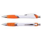 Two retractable pens with white barrels, silver tips, clips, and orange grips. One pen is shown from the side, one from the top.