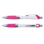 Two pink and white ballpoint pens with silver clips, shown from the side and top view.