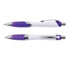 Two ballpoint pens with purple grips and silver accents, one shown from the side and the other from above.
