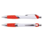 Two retractable ballpoint pens with orange grips and silver accents, shown in side and top views.