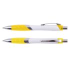 Two retractable ballpoint pens are shown. The pens have a white and yellow design with a silver clip and tip. One pen is positioned horizontally showing the top view, and the other is below it showing the side view.