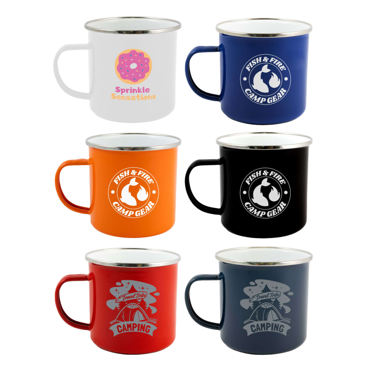 Six enamel mugs with various designs: white with a donut logo, blue, orange, and black with fish and fire gear logos, red with a camping logo, and dark blue with a faded camping logo. Each mug has a distinct color and design.