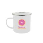 A white enamel mug with a silver rim, featuring a pink donut and "Sprinkle Sensations" text.