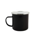 A black enamel mug with a left-side handle and shiny metallic rim, isolated on a white background.