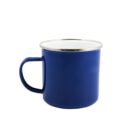 A blue metal mug with a handle and a silver rim sits against a white background.