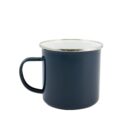 A dark blue metal mug with a simple design and handle, placed against a white background.