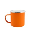 An orange enamel mug with a silver rim, viewed from the side, isolated on a white background.