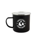 A black enamel camping mug with a silver rim, featuring a "FISH & FIRE CAMP GEAR" logo.g a "FISH & FIRE CAMP GEAR" logo.