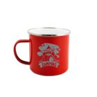A red camping mug with a tent, trees, stars, and "Travel Tribe Camping" on a white background.