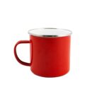 A red metal camping mug with a handle and silver rim, set against a white background.
