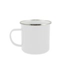 A plain white ceramic mug with a silver rim and handle, set slightly right on a white background.