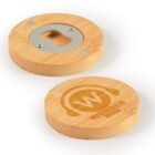 Two round bamboo bottle openers: one with the Wonder Media logo and the other with a metal opener.
