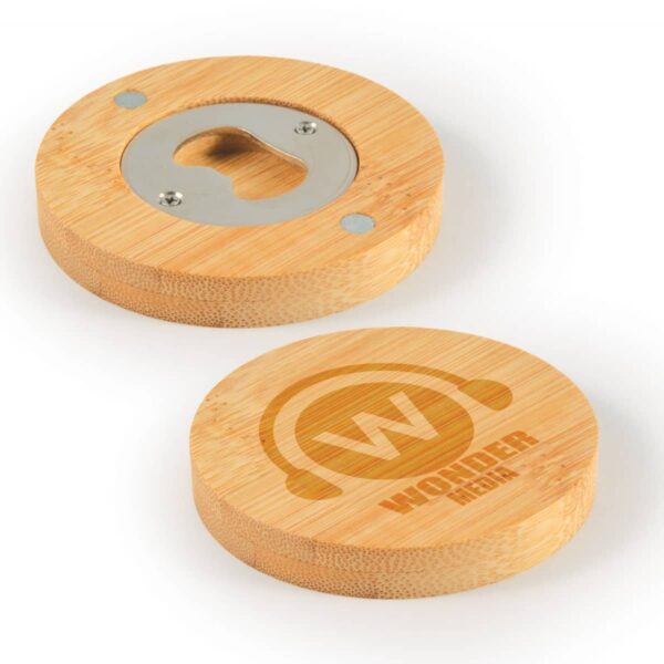 Two round bamboo coasters are shown. The top coaster has a metal bottle opener embedded within. The bottom coaster features an engraved WONDER MEDIA logo with headphones around a letter W.