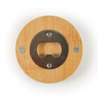 A round wooden bottle opener with a metal insert and screws, set against a white background.