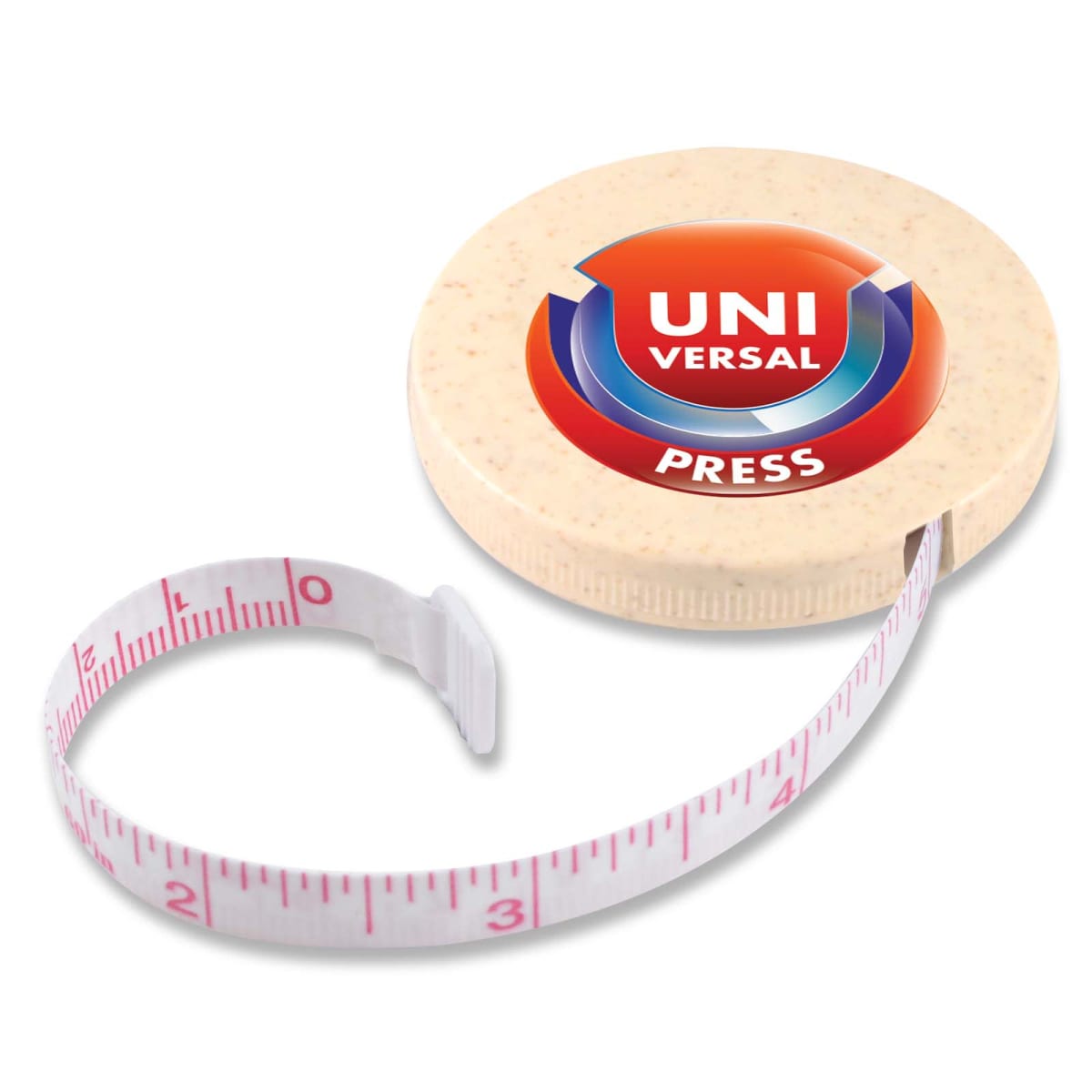 A round beige retractable tape measure with a red and blue Universal Press logo.