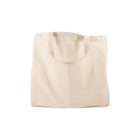 A light beige canvas tote bag with short handles, slightly wrinkled, with a white background.