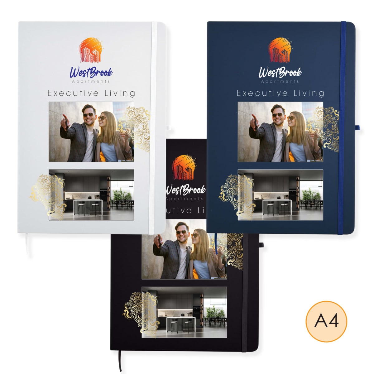 Three A4 notebooks in white, blue, and black, featuring WestBrook Apartments and a kitchen photo.