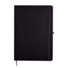 A closed black hardcover notebook with an elastic band and bookmark, against a white background.