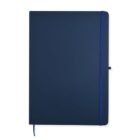 A closed dark blue hardcover notebook with a matching elastic band and ribbon bookmark.