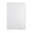 A closed white notebook with a ribbon bookmark and elastic band, lying flat on a white background.