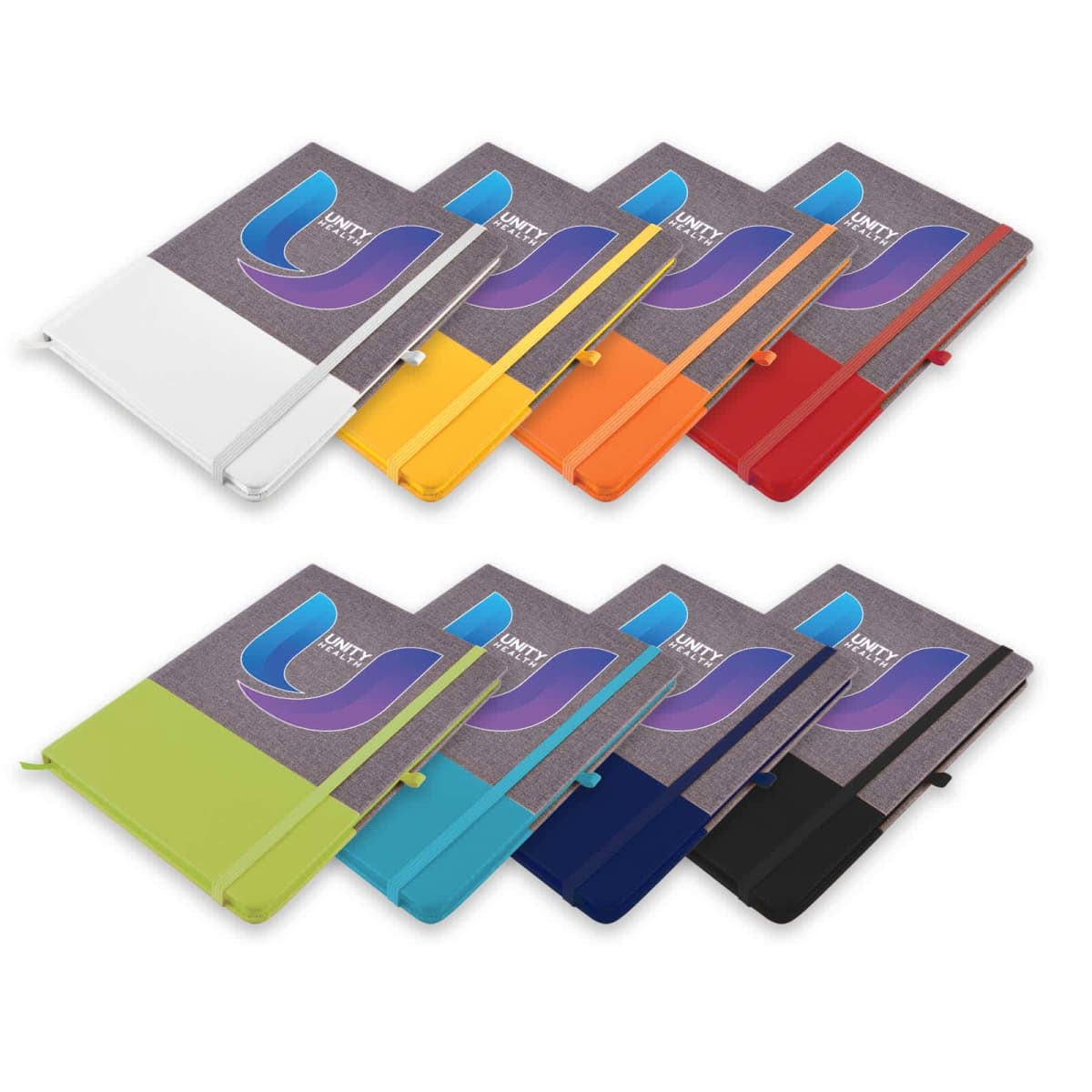 Seven colored notebooks with pens, gray covers, and a stylized U design, arranged in two rows.