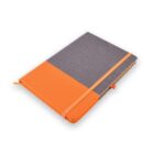 A closed gray and orange notebook with an orange elastic band and matching page marker.