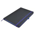 A closed black notebook with rounded corners, featuring a blue elastic band and ribbon bookmark. The notebook is lying on a white surface, viewed from an angle that shows both the front cover and its thickness.