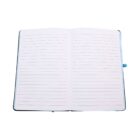 Open notebook with lined white pages and a light blue ribbon bookmark, lying flat on a plain white background.