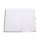 An open notebook with lined pages, a green bookmark ribbon, and a green pen holder visible on the right side. The cover appears to be black.