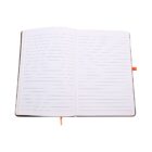 An open notebook with lined pages, a black cover, and an orange ribbon bookmark. The pages are blank and ready for writing. The notebook is centered on a white background.