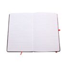An open notebook with lined pages, red ribbon bookmarks, and a red spine. The pages are blank, ready for writing or drawing. The notebook is centered on a white background.