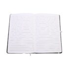 Open notebook with lined pages, laying flat on a white background. The notebook has a black cover and a white ribbon bookmark. The pages are blank, ready for writing.