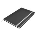 A closed black notebook with a white elastic band wrapped around it. The notebook is lying flat on a white background, with a white ribbon bookmark peeking out from the side.