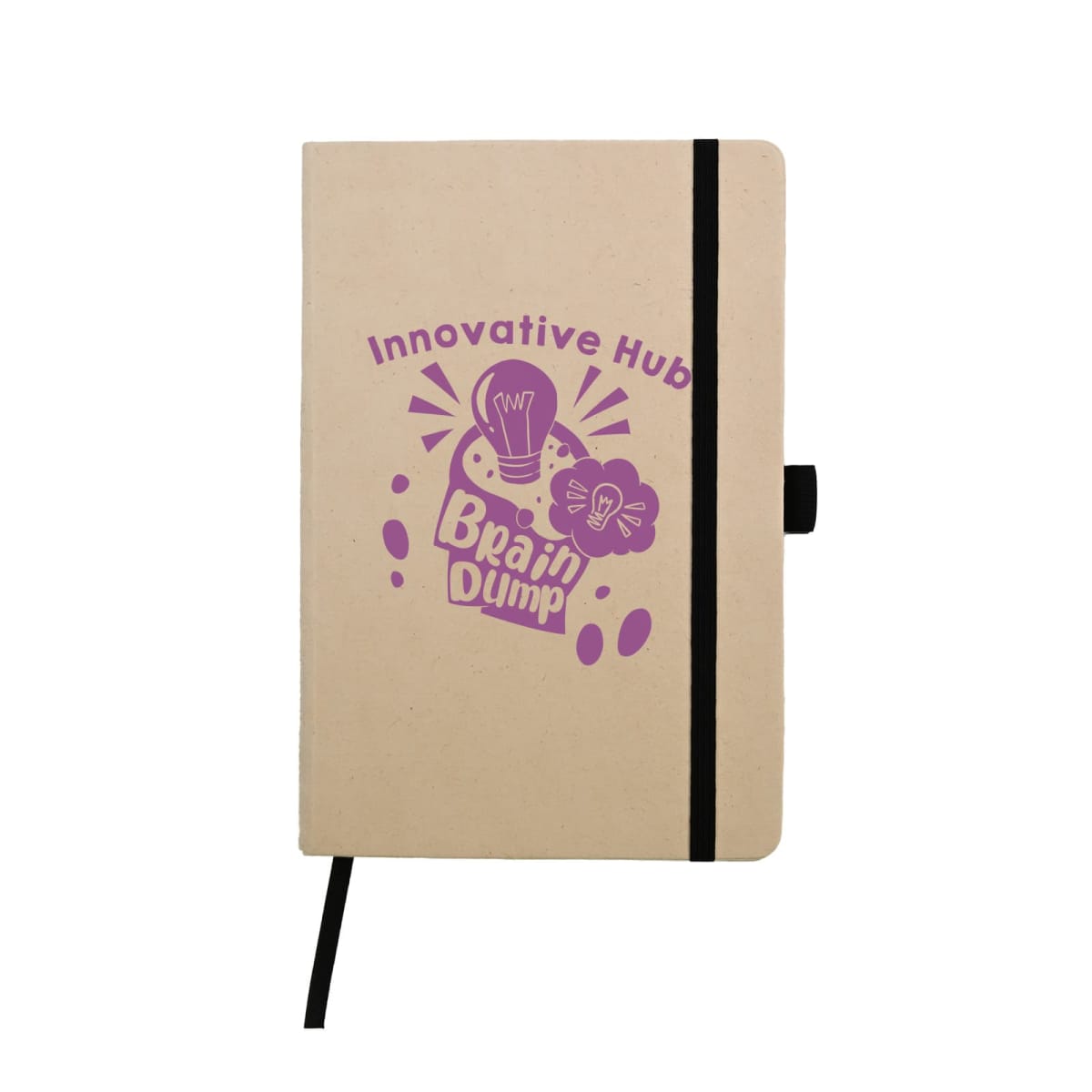 A beige notebook with a black spine and elastic band. The front cover features a purple graphic with a light bulb and the text Innovative Hub Brain Dump.