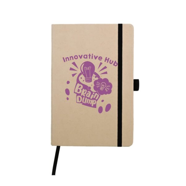 A beige notebook with a black elastic band. The cover features a purple design with the text Innovative Hub Brain Dump and illustrations of a lightbulb and gears.