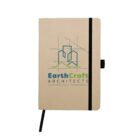 A beige hardcover notebook with a black elastic band and pen holder. The cover features a geometric architectural logo and the text EarthCraft Architects: Sustainable Visions, Timeless Designs. A black ribbon bookmark is visible.