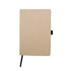 A plain beige notebook with rounded corners and a black elastic band for closure on the right side. Theres a black ribbon bookmark hanging from the bottom. The notebook is standing upright against a white background.