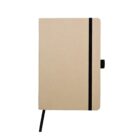 A beige notebook with a black elastic band and pen holder. The notebook has rounded corners and a black ribbon bookmark. The elastic band runs vertically along the right edge on the front cover. The background is plain white.