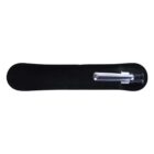 A black velvet pen case containing a silver and black pen with a clip, placed horizontally. The case has a simple, sleek design highlighting the metallic pen inside.