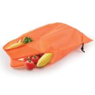 An orange reusable shopping bag containing two ears of corn, a couple of red tomatoes, and a green leafy vegetable. The bag is partially open, displaying the produce inside.