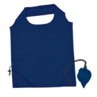 A navy blue foldable tote bag with a handle, accompanied by a small matching pouch for storage. The pouch is secured with a drawstring closure.