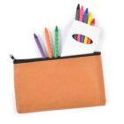 A brown zippered pencil case with colorful crayons inside, including green, orange, purple, blue, pink, red, yellow, and black. A white crayon box with a cutout partially inserted is also visible.