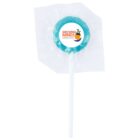 A blue lollipop wrapped in clear plastic with a white circular label displaying the Growing Minds Open Day logo in orange and green text. The lollipop is on a white stick.