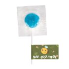 A blue lollipop wrapped in clear plastic is attached to a small green card featuring a cute smiling bee illustration and the text BEE-YOU-TIFUL in white.