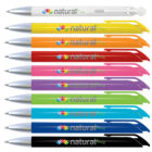 A collection of ten pens in various colors, each with the word natural and a multicolored flower logo on them. The pens are arranged horizontally in a gradient from white at the top to black at the bottom.