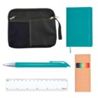 A collection of stationary items: a black zippered pouch with a mesh pocket, a teal notebook, a teal pen, a box of colored pencils, and a white ruler with metric measurements.