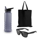 A collection of items including a gray water bottle with a straw, a black tote bag, and black sunglasses with dark lenses.