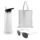 A transparent water bottle with a flip-top lid and straw, a white tote bag, and a pair of white sunglasses with dark lenses are arranged on a white background.