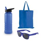 A blue water bottle with a black lid, a blue tote bag, and a pair of blue sunglasses with dark lenses arranged against a white background.