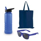 A blue water bottle with a flip-top lid, a pair of blue sunglasses, and a blue tote bag are arranged against a white background.